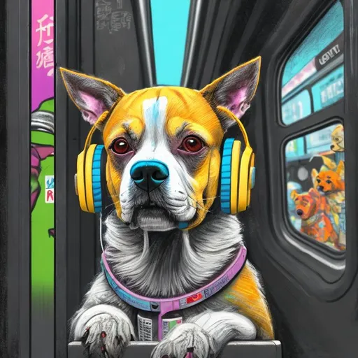 Prompt: pop art chalk pastel art of a detailed dog listening to music on the subway train in cyberpunk japan with planes in the background, sketch, detailed background, highres, fun atmosphere, natural lighting,  abstract, fun