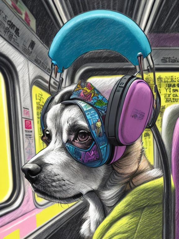 Prompt: pop art chalk pastel art of a detailed dog listening to music on the train in cyberpunk japan during a festival, sketch, detailed background, highres, fun atmosphere, natural lighting,  abstract, fun