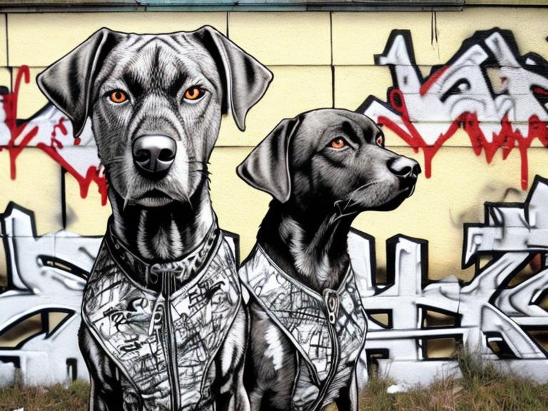 Prompt: mountain cur black dogs in gangster clothing graffiti