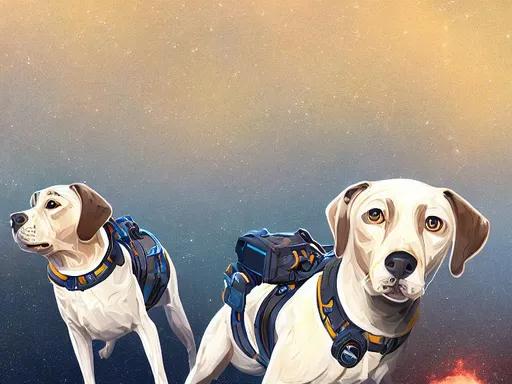 Prompt: black mountain cur dogs in space dressed in nasa uniforms