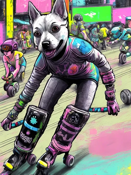 Prompt: pop art chalk pastel art of detailed dog playing roller derby in cyberpunk japan during a festival, sketch, detailed background, highres, fun atmosphere, natural lighting,  abstract, fun