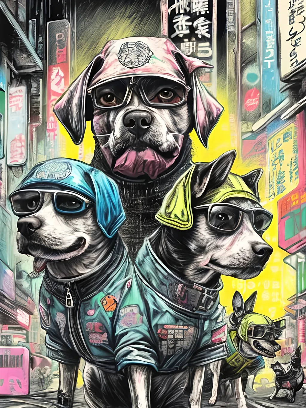 Prompt: pop art chalk pastel art of detailed dogs wearing gangster clothes playing in the streets in cyberpunk japan during a festival, sketch, detailed background, highres, fun atmosphere, natural lighting,  abstract, fun