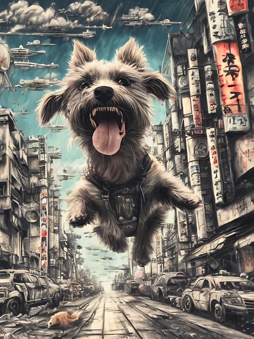 Prompt: Detailed happy dog flying in post-apocalyptic japan during a festival, sketch, chalk pastel, detailed planes in the background, grunge, highres, abstract, natural lighting, lively atmosphere, fun, detailed dogs, vibrant, happy-go-lucky