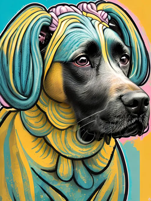 Prompt: pop art chalk pastel style of a  detailed dog getting its hair braided in Jamaica, sketch, detailed background, highres, fun atmosphere, natural lighting,  abstract, fun