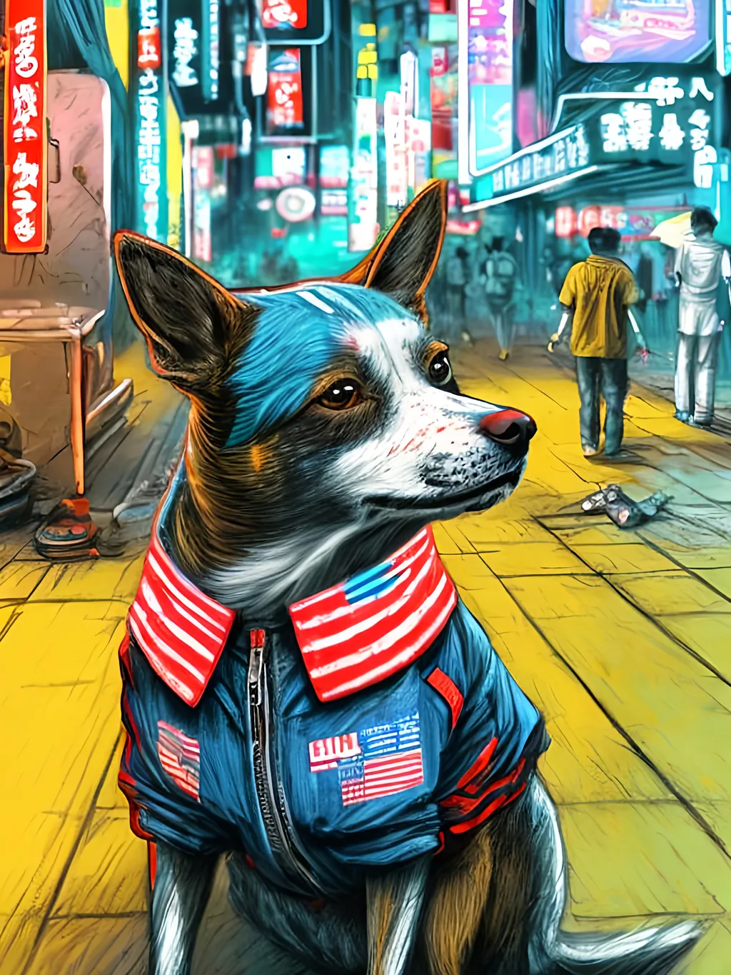 Prompt: pop art chalk pastel art of detailed dog wearing USA clothes playing in the streets in cyberpunk japan during a festival, sketch, detailed background, highres, fun atmosphere, natural lighting,  abstract, fun