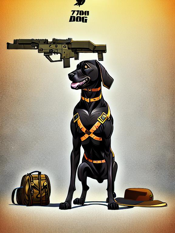 Prompt: black mountain cur dog in military gear in egypt 70s poster