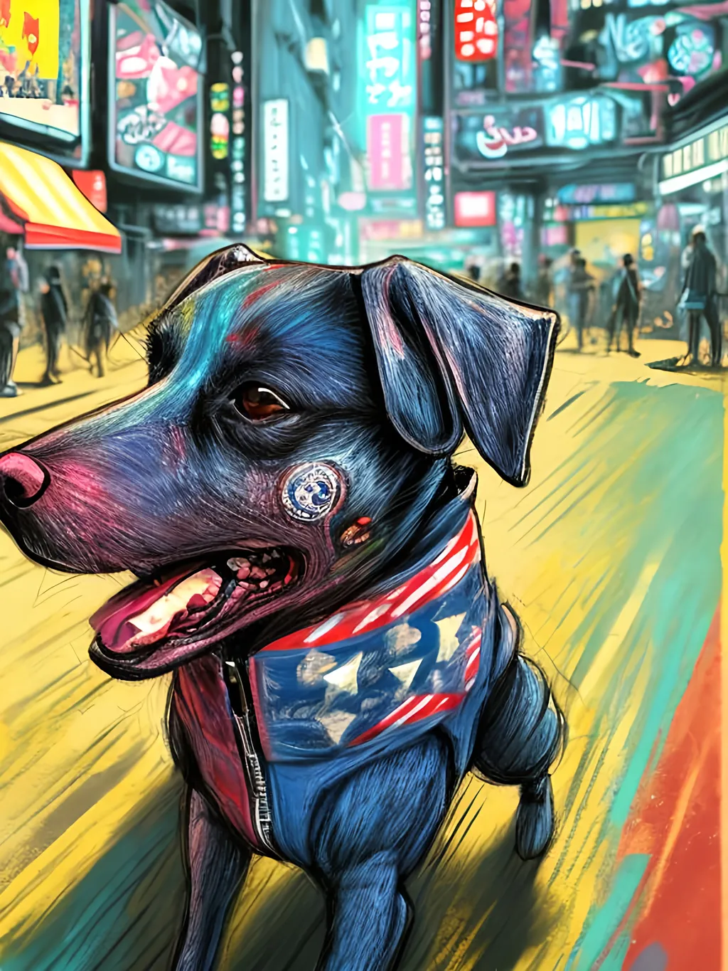 Prompt: pop art chalk pastel art of detailed dog wearing USA clothes playing in the streets in cyberpunk japan during a festival, sketch, detailed background, highres, fun atmosphere, natural lighting,  abstract, fun