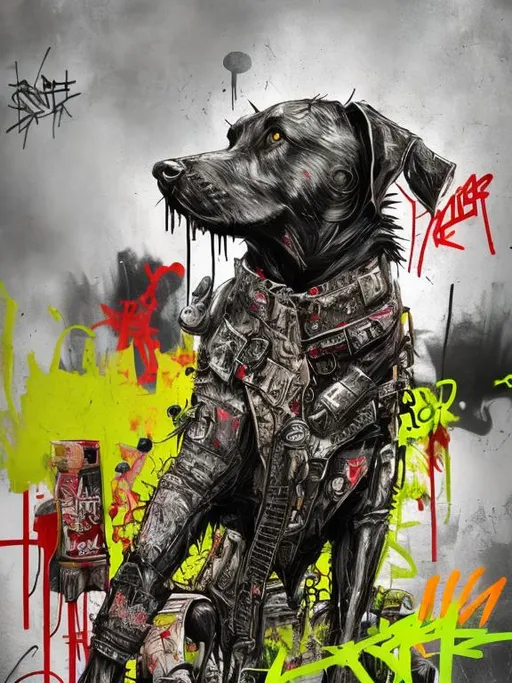 Prompt: Abstract art of a black dogs in gangster punk clothes, graffiti, streets, patriotic, detailed, atmospheric lighting, intense battle in the background, highres, ultra-detailed, abstract, gangster punk, detailed clothing, patriotic theme, street graffiti, intense battle, atmospheric lighting, dogs