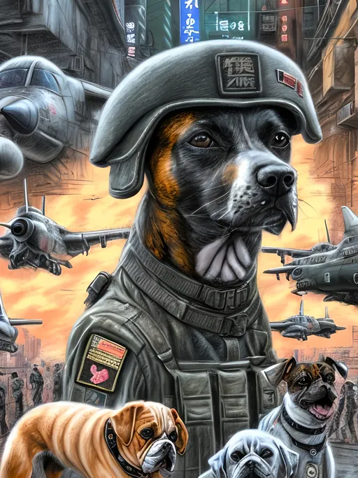 Prompt: chalk pastel art of a detailed dogs wearing military uniforms on the streets in cyberpunk japan during a festival with planes in the background, sketch, detailed background, highres, fun atmosphere, natural lighting,  abstract, fun