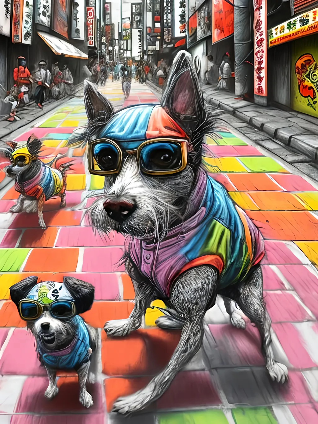 Prompt: pop art chalk pastel art of detailed dogs wearing gangster clothes playing in the streets in japan during a festival, sketch, detailed background, highres, fun atmosphere, natural lighting,  abstract, fun