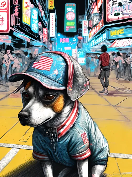 Prompt: pop art chalk pastel art of detailed dog wearing USA clothes playing in the streets in cyberpunk japan during a festival, sketch, detailed background, highres, fun atmosphere, natural lighting,  abstract, fun