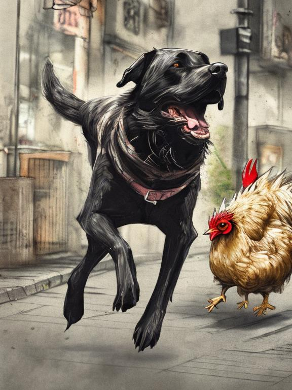 Prompt: a black dog wearing clothes chasing a chicken in the streets, sketch, detailed background, highres, fun atmosphere, natural lighting, pastel colors, abstract