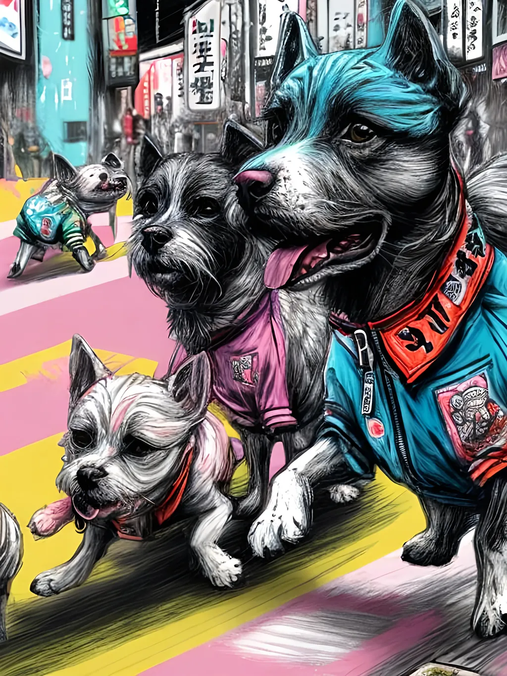 Prompt: pop art chalk pastel art of detailed dogs wearing gangster clothes playing in the streets in japan during a festival, sketch, detailed background, highres, fun atmosphere, natural lighting,  abstract, fun