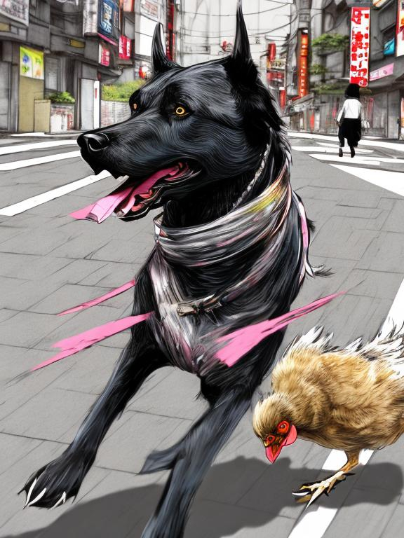 Prompt: a black dog wearing cool clothes chasing a chicken in the streets in japan, sketch, detailed background, highres, fun atmosphere, natural lighting, pastel colors, abstract, fun