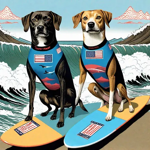 Prompt: black mountain cur dogs surfing in hiroshige wave wearing pro trump clothes