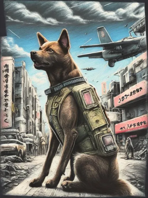 Prompt: chalk pastel art of a detailed dog with a polaroid camera on the streets in post-apocalyptic Japan during a festival with planes in the background, sketch, detailed background, highres, fun atmosphere, natural lighting,  abstract, fun