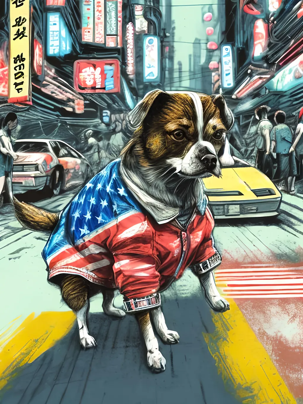 Prompt: pop art chalk pastel art of detailed dog wearing USA clothes playing in the streets in cyberpunk japan during a festival, sketch, detailed background, highres, fun atmosphere, natural lighting,  abstract, fun