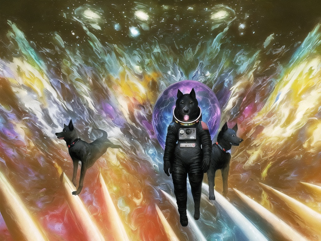 Prompt: Surrealism art, black dogs in astronaut outfits, space background, surrealistic, abstract, detailed fur, cosmic colors, dreamlike atmosphere, high quality, surrealism, astronaut dogs, abstract art, cosmic, detailed, surreal colors, space setting, dreamy lighting