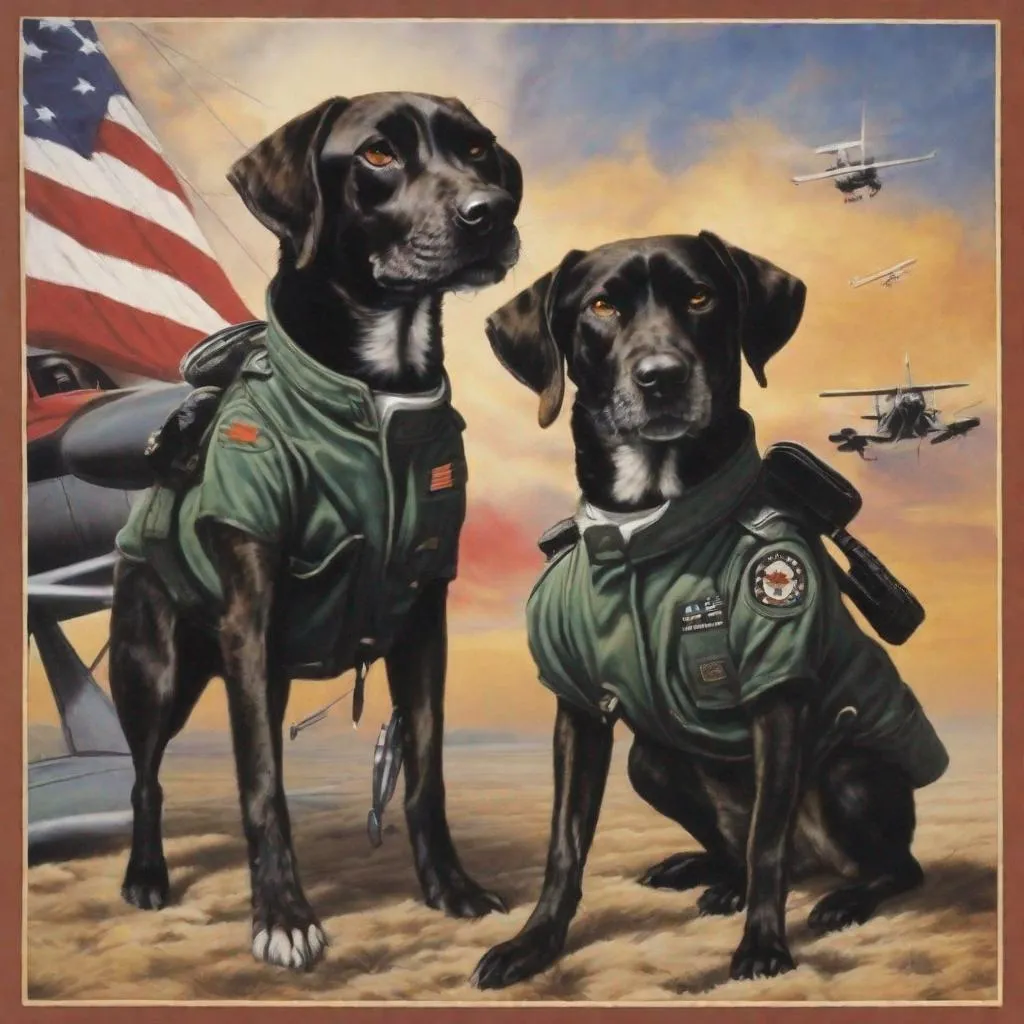 Prompt: mountain cur black dogs in pilots uniform 90s poster art