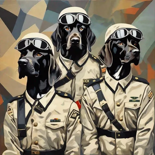 Prompt: mountain cur black dogs in pilot uniform abstract art 90s poster