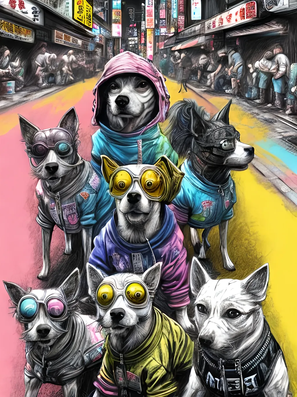 Prompt: pop art chalk pastel art of detailed dogs wearing gangster clothes playing in the streets in cyberpunk japan during a festival, sketch, detailed background, highres, fun atmosphere, natural lighting,  abstract, fun