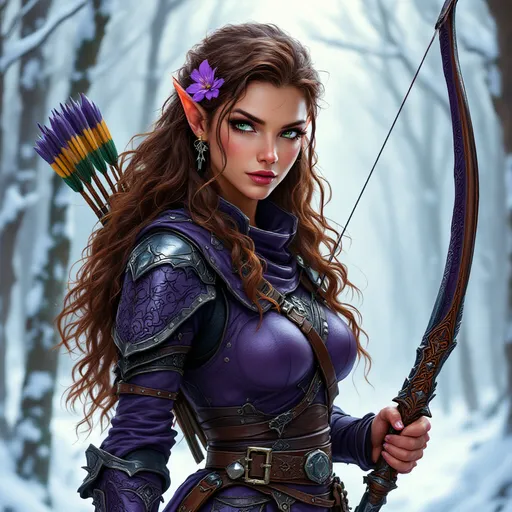 Prompt: A striking female Wood Elf Ranger holding an ornately carved long bow with a quiver of arrows slung over her shoulder. She also has a short sword strapped to her waist. She has copper tan skin and piercing green eyes is wearing intricately detailed studded leather armor dyed purple. Which  exudes a sense of strength and mystery. Her outfit, a blend of dark leather and metallic elements, features ornate patterns and embellishments, emphasizing her formidable presence. With long, cascading brown curly hair and pointed ears, she has an enchanting yet fierce expression, accented by the delicate purple flower in her hair, hinting at a softer side. The background is a snow covered forest, which enhances the vibrant colors of her attire and draws attention to her captivating gaze and confident posture. This artwork conveys a narrative of a skilled archer, poised and ready for adventure, evoking a sense of intrigue and allure.