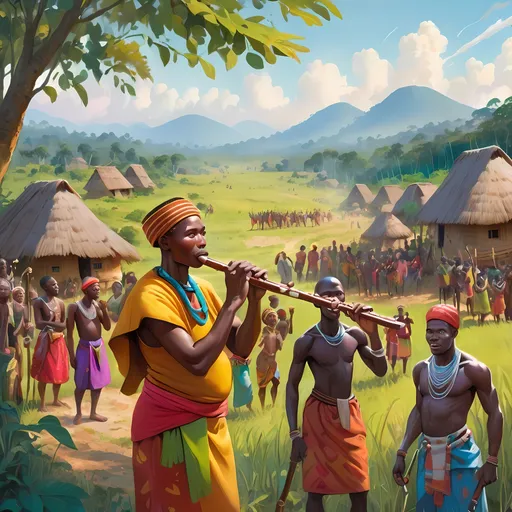 Prompt: Okonkwo's Return
Camera Angle: Wide shot
Expressions: Okonkwo looking proud, villagers curious
Posture: Okonkwo holding the flute, villagers gathered around
Background: Village clearing, forest in the distance
Attire: Traditional African hunter clothing