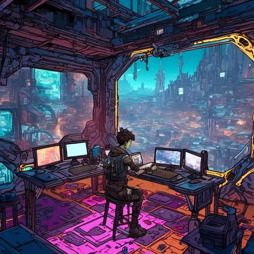 Prompt: <mymodel> programmer (small character) coding in a futuristic room, modern colorful city through the window