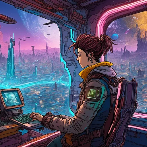 Prompt: <mymodel> programmer coding in a futuristic room, modern colorful city through the window