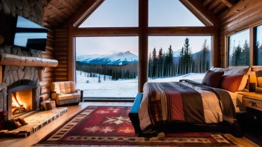 Prompt: A double-height bedroom living room with a large, floor-to-ceiling window, on one side log cabin. Outside is a dark snow-covered landscape. The bedroom is furnished with a comfortable queen size bed with a beautiful comforter but it's messy as if the person has just left the bed. A fireplace is against the wall with a warm crackling fire, providing ambience to the room.