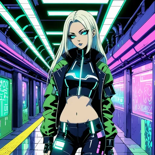 Prompt: A futuristic anime girl with striking platinum blonde straight hair, sharp and captivating blue eyes with bold makeup accents, subtle features with high cheekbones and a soft expression. She is depicted in a cyberpunk-inspired setting with neon lights reflecting green and purple hues. Her outfit is sleek and edgy, combining futuristic textures like leather and metallic details. The background is a moody subway station, with glowing signs and industrial architecture. Highly detailed, vibrant colors, style of cyberpunk anime, ultra-detailed face, and soft lighting.