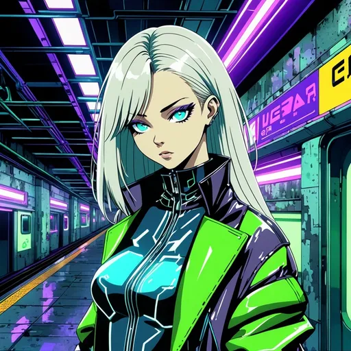 Prompt: A futuristic anime girl with striking platinum blonde straight hair, sharp and captivating blue eyes with bold makeup accents, subtle features with high cheekbones and a soft expression. She is depicted in a cyberpunk-inspired setting with neon lights reflecting green and purple hues. Her outfit is sleek and edgy, combining futuristic textures like leather and metallic details. The background is a moody subway station, with glowing signs and industrial architecture. Highly detailed, vibrant colors, style of cyberpunk anime, ultra-detailed face, and soft lighting.