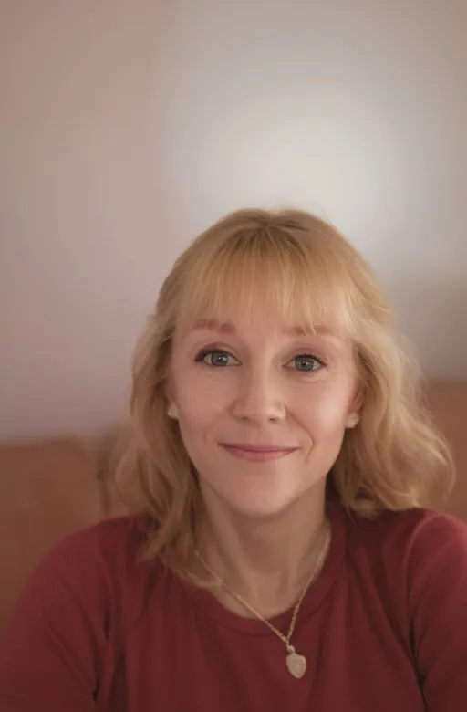 Prompt: the woman shuold stand in front of a whitewall.with jeans, white sneakers, pink t-shirt. she shouldn´´t  have the headphones in her ears 