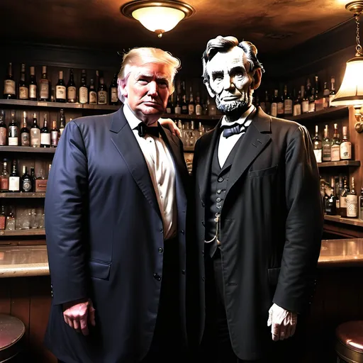 Prompt: DONALD Trump posing with Abraham Lincoln in a very dark dusty bar