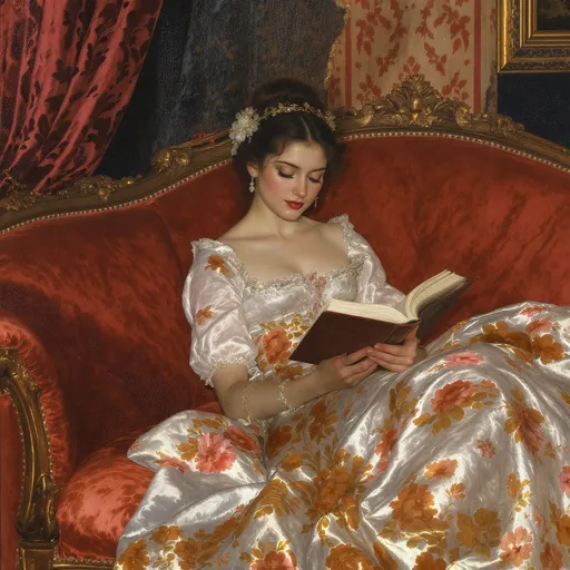 Prompt: Close up of Young woman reading in a vicorian love story in  large red couch with very low low 

low lighting John Singer Sargent