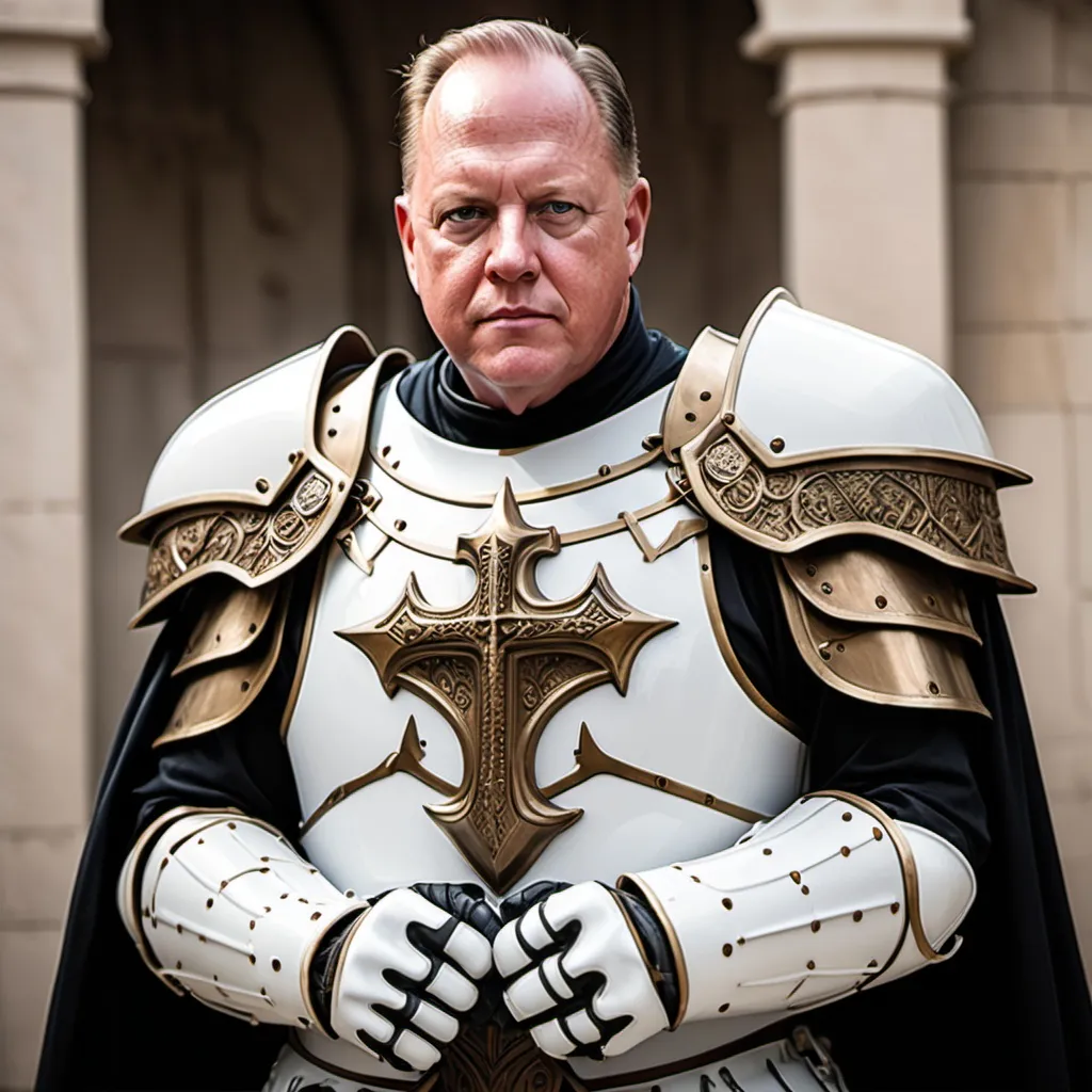 Prompt: Tom Homan Border Czar knight
crusader Tom Homan white Armor