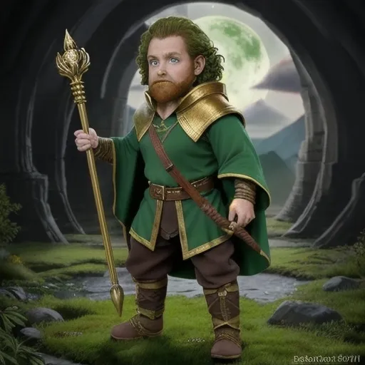 Prompt: a male halfling, who is 3'1" tall, a wizard. Who will stop at nothing to obtain any item to enhance his power. He has emerald green eyes, a gold cloak. and a red beard. He carries a staff, as tall as he