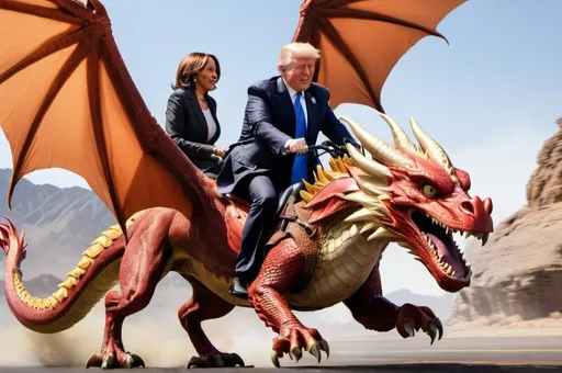 Prompt: Donald Trump is riding a dragon and is racing against Kamala Harris who is riding a Griffin. 