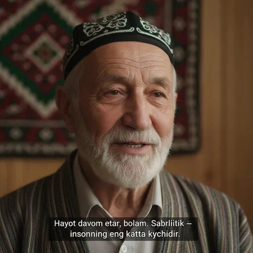 Prompt: “Aging Uzbek man speaking calmly.”
Make the portrait of an elderly Uzbek man speak naturally. Keep the facial expressions gentle and respectful, showing wisdom and life experience on his face. Ensure realistic lip-sync, smooth head movement, and subtle eye blinks. Maintain high-quality skin texture, details typical for elderly Uzbek men. Let him speak a short Uzbek sentence:
“Hayot davom etar, bolam. Sabrlilik — insonning eng katta kuchidir.”