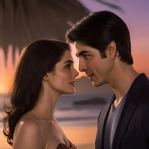 Prompt: Brandon Routh and Janet Montgomery looking at each other romantic, hyper-realistic, sunset outdoor blurred beach