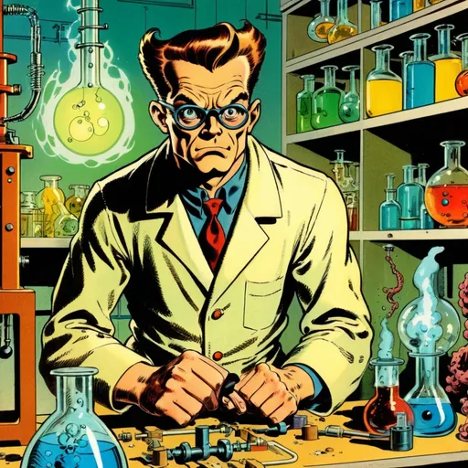 Prompt: A mad scientist in a lab, in the style of Jack Kirby and Wally Wood, 1940s vintage comic, faded colors