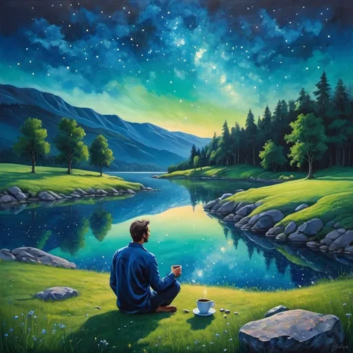 Prompt: a beautiful painting with a glowing indigo sky and little stars.there is also a lake with blue calm water and stones that are rough.a man about 173cm standing gazing at the stars on the green meadow sitting with a cup of coffee seeningly enjoying the vibrant sky.calm vibrant and extremely detailed and beautiful







