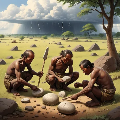 Prompt: 8 primitive people polishing stone tools, grassland, thunderstorm day