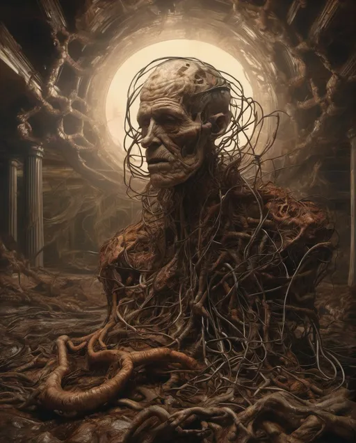 Prompt: Still life of ribbed abandoned man face portrait on exoplanet in heaven, covered with roots, wires, tubes, organic flesh, meat, standing in a desolate empty wasteland, lit by a column of light from flying saucer ufo above, baroque painting, creepy, nightmare, dream-like heavy atmosphere, surreal abandoned buildings, baroque painting, beautiful detailed intricate insanely detailed octane render trending on Artstation, 8K artistic photography, photorealistic, chiaroscuro, Raphael, Caravaggio, Beksinski, Giger