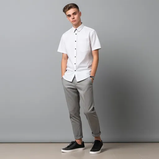 Prompt: a student wears a white shirt, short sleeves, gray trousers, black and white shoes