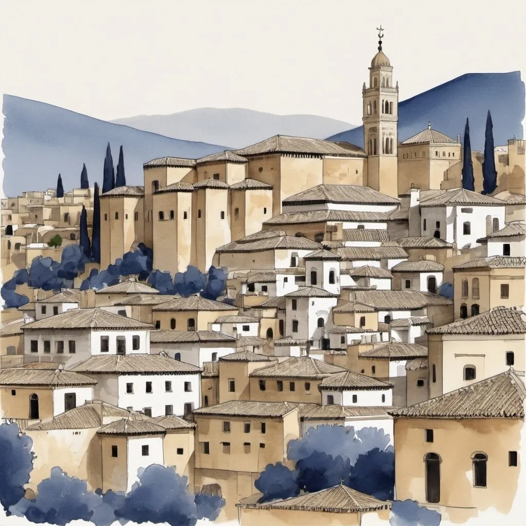 Prompt: Scetch of Granada, dominated by the colors indigo blue, beige, anthracite black and gold.