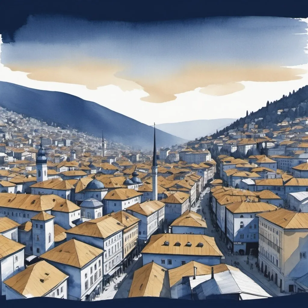 Prompt: Scetch of Sarajevo, dominated by the colors indigo blue, beige, anthracite black and gold.