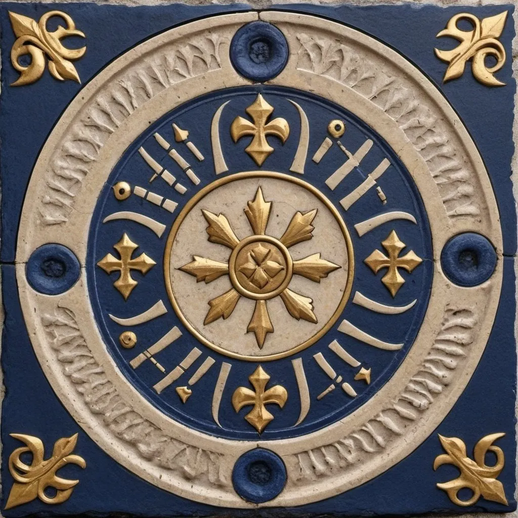 Prompt: create an artwork with symbols of medieval bosnia and Herzegovina, from medieval gravestones in bosnian called "stećak". dominated by the colors indigo blue, beige, anthracite black and gold.
