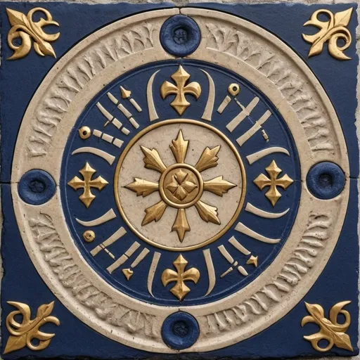 Prompt: create an artwork with symbols of medieval bosnia and Herzegovina, from medieval gravestones in bosnian called "stećak". dominated by the colors indigo blue, beige, anthracite black and gold.
