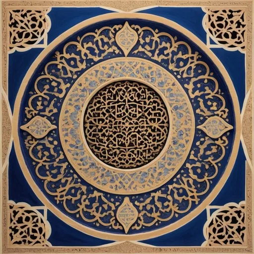 Prompt: create an artwork that has the text "la garib ila Allah" in Arabic that decorates the Alhambra in C�rdoba and is decorated in the Andalusian style, dominated by the colors indigo blue, beige, anthracite black and gold.